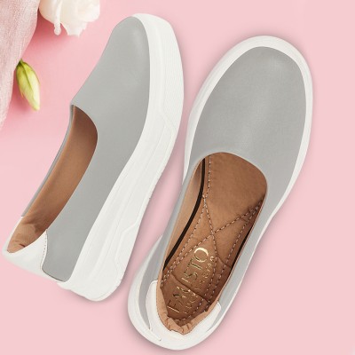 FAUSTO Outdoor Fashion Comfort Height Enhance Platform Heel Ballerina Slip On Shoes Mojaris For Women(Grey)