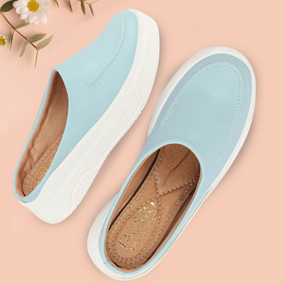 FAUSTO Outdoor Fashion Stitched Design Open Back Platform Heel Slip On Casual Shoes Loafers For Women(Blue , 6)