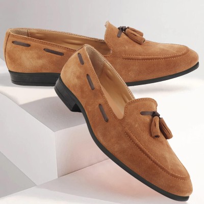 FAUSTO Suede Leather Casual Tassel Shoes Loafers For Men(Tan)