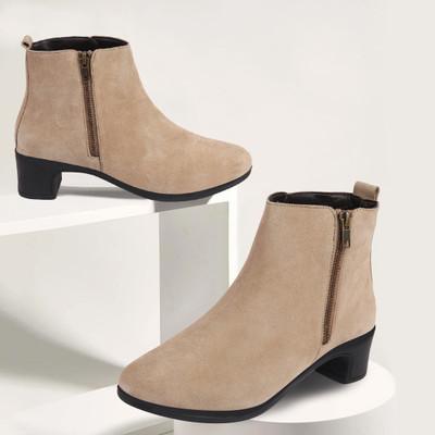 FAUSTO Flared Heel Mid Top Suede Leather Zipper Closure Winter Chelsea Boots For Women(Brown , 3)