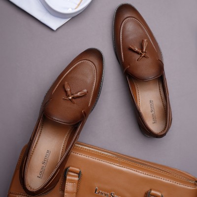 LOUIS STITCH Tan Formal Slipon Mocassin Shoes for Men (RGMCTA) - UK 8 Mocassin For Men(Tan)
