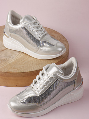 VENDOZ GLITTERY PARTY WEDDING AND CASUAL WEAR HIGH HEEL Sneakers For Women(Silver, White , 8)