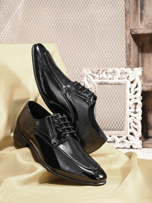 House of Pataudi Men black textured petant leatherette formal lace up lace up derby shoes Derby For Men(Black , 6)