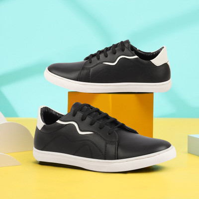 FAUSTO Classic Lace Up Elevated Look Shoes with Contrast Sole|Low Ankle|Casual Shoe Sneakers For Men(Black , 8)