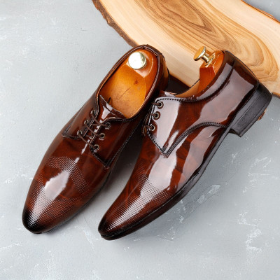 AJNIHA Premium Class Designer Patent Leatherette Shining Jet Black Lace-Up Party Lace Up For Men(Brown , 7)