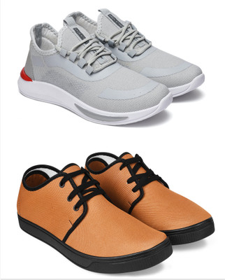 Free Kicks Combo Of 2 Shoes FK-434 & FK-205 Sneakers For Men(Maroon, Tan , 6)