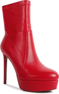 London Rag Red Rossetti Stretch Pu High Heeled Ankle Boot Boots For Women(Red , 6)