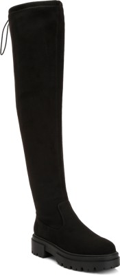 London Rag Black Babette Drawstring Detail Knee High Boots Boots For Women(Black , 5)