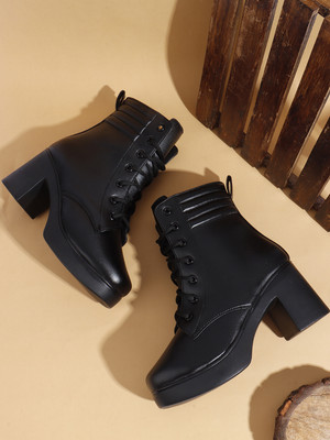 KILLER Women’s High Ankle Padded Boots | Stylish Lace-Up Block Heel Design Boots For Women(Black , 5)