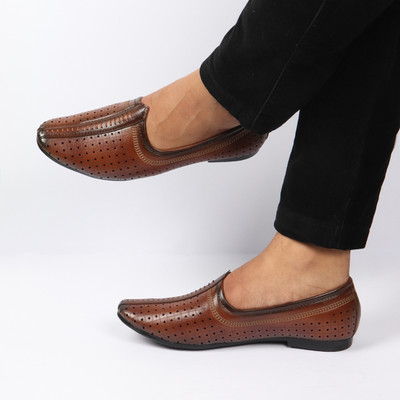 FAUSTO Laser Cut Design Stitched Ethnic Party Slip On Juttis and Mojaris For Men(Tan , 7)