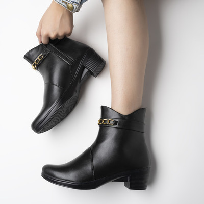 SHOETOPIA Elegant Gold Chain Detailed Black Boots For Girls Boots For Women(Black , 8)