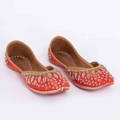 Koufe Women's Ethnic Embroidered Jutti with Studded Embellishments Casuals For Women(Red , 4)