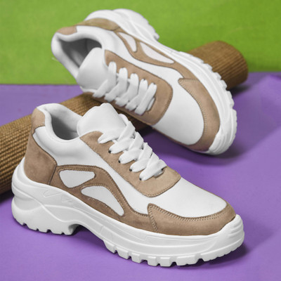 jm looks Women Chunky Sneakers Lace-Up Casual Shoes for Women Daily Wear Gym Office Wear Sneakers For Women(Beige , 5)