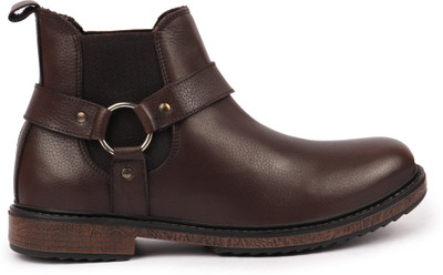 FAUSTO High Ankle Genuine Leather Side Ring Buckle Design Slip On Chelsea Work Boots For Men(Brown , 7)