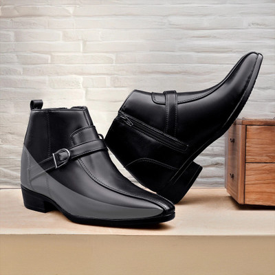 BXXY Men's 3.5 Inch Hidden Height Increasing Black Casual Buckle Formal Ankle Boot Slip On For Men(Black , 7)