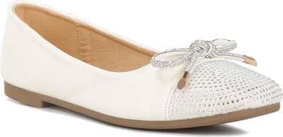 London Rag Off White Rhinestones Embellished Toe Cap Ballerinas Bellies For Women(White , 8)