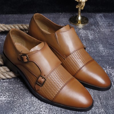 LOUIS STITCH Tan Italian Leather Double Monk Strap Formal Slip On Shoes for Men (EUWEDMTN) Monk Strap For Men(Tan)