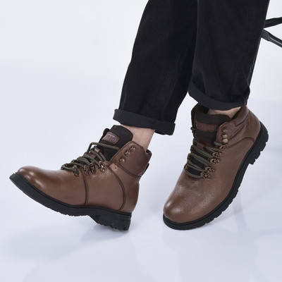 FAUSTO Genuine Leather Lace Up Boots for Trekking and Hiking|High Ankle Anti Skid Sole Boots For Men(Tan , 9)