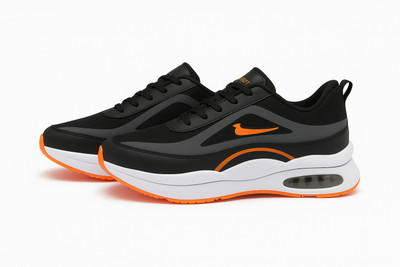 Partner Men PU Black Sneakers | Air Cushion Sports Shoes | Lightweight Casual Wear Sneakers For Men(Black, Orange , 9)