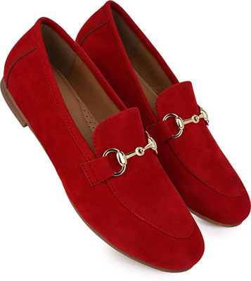 FASINO Soft Comfortable Slip-On Buckle Loafers For Women(Red , 6)