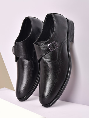 BANYY Leather Mid-Top Formal Shoes Men's/Office Leather Shoe For Men/Derby Formal Monk Strap For Men(Black , 10)