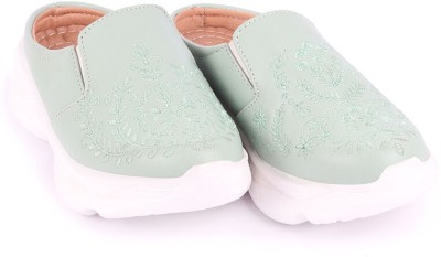 FAUSTO Floral and Leaf Print Embroidery Design Back Open Slip On Mules Shoes Loafers For Women(Green)