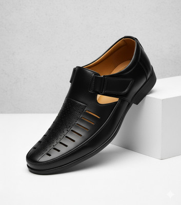 kickonus Men’s Black Formal Sandal | Synthetic Leather, Cushioned Insole, Non-Slip Sole Loafers For Men(Black , 12)