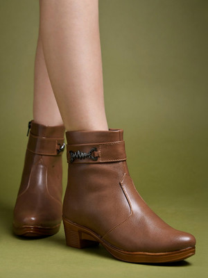 SHOETOPIA Smart Casual Side Buckle Detailed Boots For Women & Girls Boots For Women(Tan , 8)