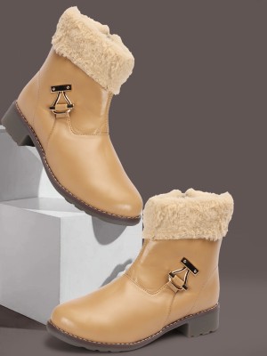 Kliev Paris Women's Boots | Faux Leather with Fur Accent | Trendy, Comfortable, Zipper Boots Boots For Women(Beige)