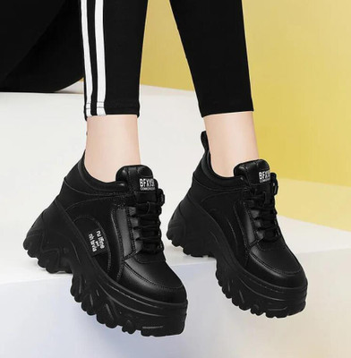 Ifah Korean Women's shoes thick-soled white shoes spring inner height increase Shoes High Tops For Women(Black , 6)
