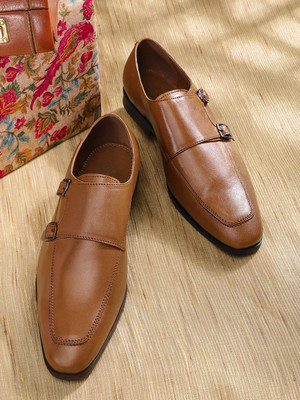 House of Pataudi House of Pataudi Men Tan Brown Solid Handcrafted Leather Formal Monk Shoes For Men(Tan , 9)