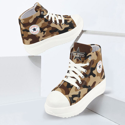 FAUSTO High Ankle Top Wedge Heels Camouflage Print Canvas Lace Up Shoes Sneakers For Women(Beige , 6)