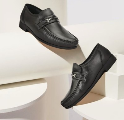 Hitz Black Leather Slip-on Comfort Shoes For Men(Black)
