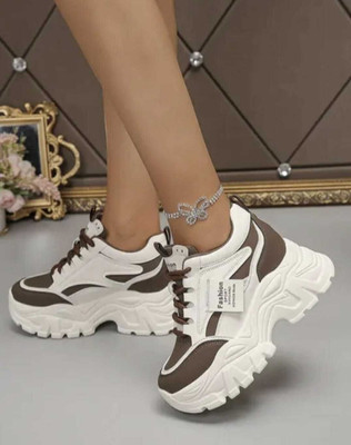 Pharaoh Trendy White and Brown Sneakers with Fashion Label and Bold Platform Party Wear For Women(Brown, White , 3)