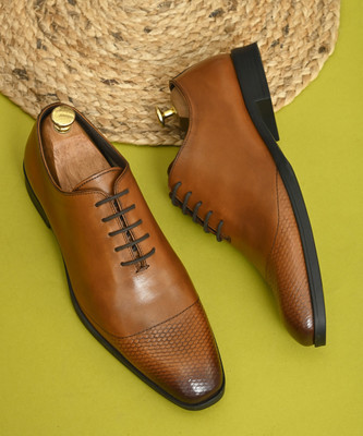 House of Pataudi Genuine Leather Lace-Up Derby Lace Up For Men(Tan , 10)