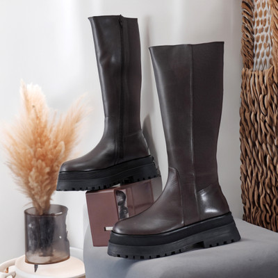 Nico Nerini Women's Knee-High Brown Leather Platform Boots with Chunky Lug Sole Boots For Women(Brown , 6)