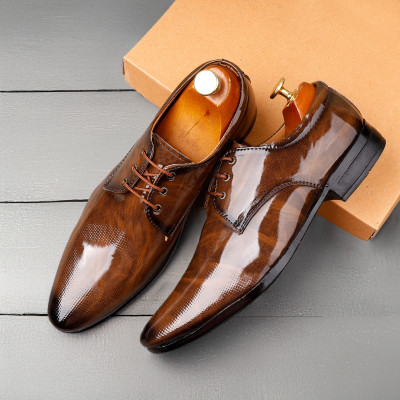 AJNIHA Premium Oxford Class Designer Patent Leatherette Shining Jet Black Party Lace Up For Men(Tan , 6)