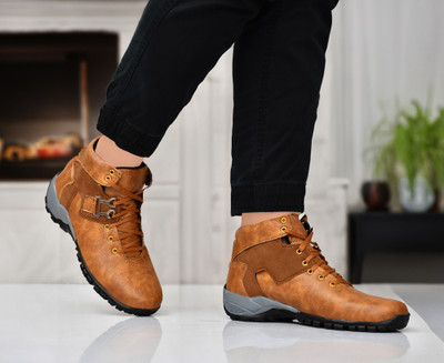 SHOELINE Stylish Design Outdoors ATTRACTIVE Ankle Length BOOTS & BOYS Casuals For Men(Tan , 8)