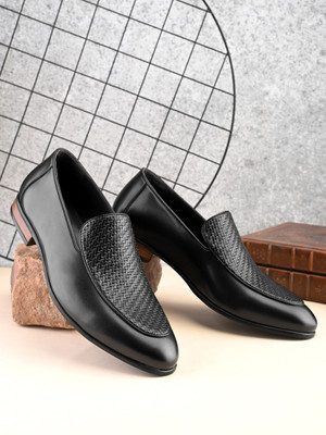 House of Pataudi Men black slip on semi formal officewear moccasins textured penny loafers shoes Slip On For Men(Black , 8)