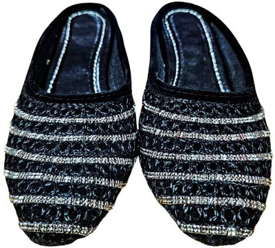 HANDI KALAH Traditional Black Velvet Jutti for Women Silver Embroidery & Stone Work Party Wear For Women(Black, Silver , 3.5)