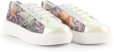 FAUSTO Glossy Floral Print Lace Up Party Shoes|Platform Height Enhancer Sneakers For Women(Beige , 4)