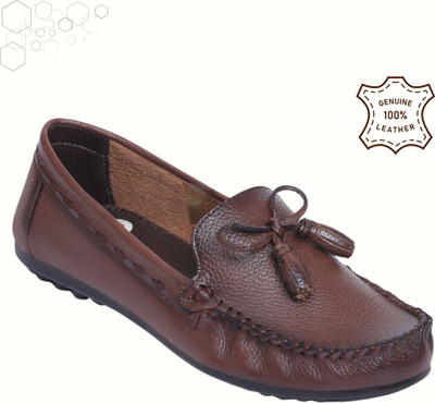 Zoom Shoes Genuine Leather Slip-On Stylish Lightweight Round Toe Flats for All-Day Comfort Loafers For Women(Brown , 4)