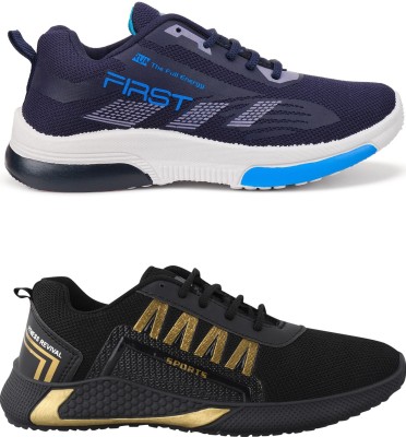 Free Kicks Combo of 2 || FK- 570 & 393 Trendy Walking Shoes For Men(Navy, Black, Gold)
