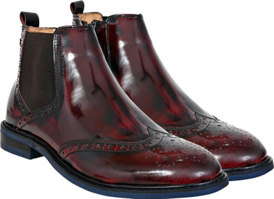 HX London Cherry Brush-Off Leather Men Brogues Mid Top Blocked Heel Regular Boots Brogues For Men(Burgundy , 10)