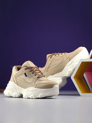El Paso EL PASO Women Beige Faux Leather Casual Lace Up Sneakers Sneakers For Women(Beige , 8)