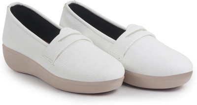 FAUSTO Textured Slip On Casual Shoes Flatform Heel Height Enhancer|All Day Comfort Loafers For Women(White , 6)