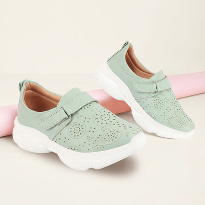 FAUSTO Laser Cut Design Stitched Back Open Hook & Loop Buckle Mules Shoes Casuals For Women(Green , 4)