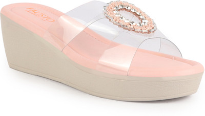 FAUSTO Open Toe Transparent Strap with Ring Buckle Height Enhancer Slip On Wedges For Women(Pink , 4)