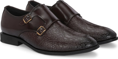 INVICTUS Men Textured Formal Double Buckled Monk Shoe Slip On For Men(Brown , 7)