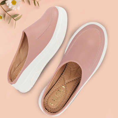 FAUSTO Outdoor Fashion Stitched Design Open Back Platform Heel Slip On Casual Shoes Loafers For Women(Pink , 8)